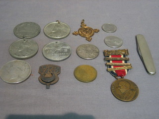 A silver ARP badge, an LCC school attendance badge, a lead school attendance medal, 3 lead Coronation medals etc