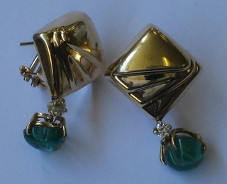 A pair of gilt metal earrings set diamonds and green hardstones