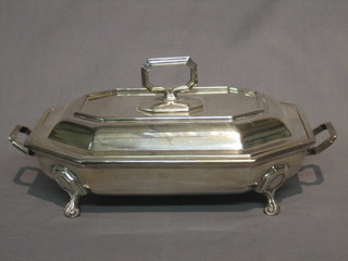 A twin handled silver plated lozenge shaped entree dish and cover