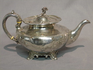 A Victorian embossed silver plated teapot of melon form, raised on 4 Rococo style panelled feet