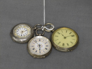3 various silver cased open face fob watches