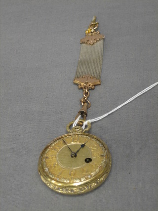 A Georgian open faced pocket watch (f) contained in an 18ct gold case, hung on a gilt metal strap