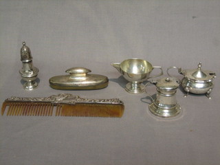 2 circular silver mustard pots, do. small cream jug, small pepperette, nail buffer and comb