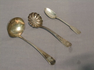 A George III silver Old English pattern sauce ladle London 1800, a silver sifter spoon and a Continental silver picture back teaspoon