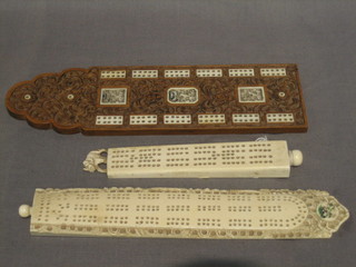 2 ivory cribbage boards 9" and 6" together with an Eastern hardwood and ivory cribbage board 9"