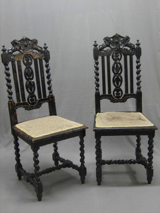 A set of 6 Victorian, Carolean style ebonised high back  dining chairs