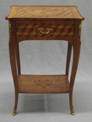 A 20th Century French Kingwood and parquetry 2 tier occasional table, the top inlaid trophies and with gilt metal mounts, raised on cabriole supports 17"