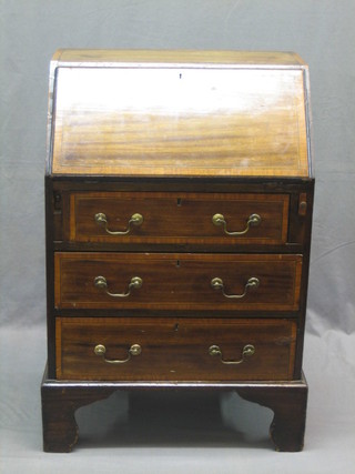An Edwardian inlaid mahogany bureau, the fall front revealing a fitted interior above 3 long drawers, raised on bracket feet 33"