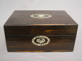 A Victorian rosewood sewing box with hinged lid, the lid inlaid mother of pearl 11"   