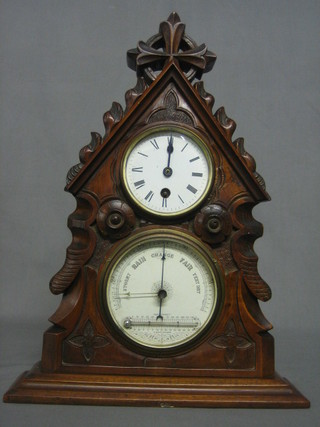 A Victorian clock with drum movement and an enamelled dial together with an aneroid barometer with paper dial, contained  together in a carved walnut case