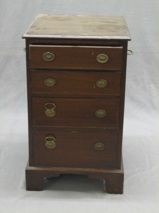 A 19th Century mahogany pedestal bedside chest of 4 long drawers with brass carrying handles to the sides, raised on bracket feet 16"