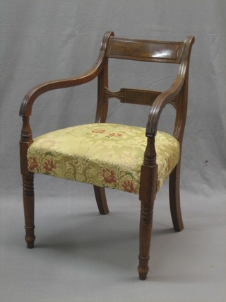 A 19th Century mahogany bar back desk chair with carved mid rail, raised on turned supports