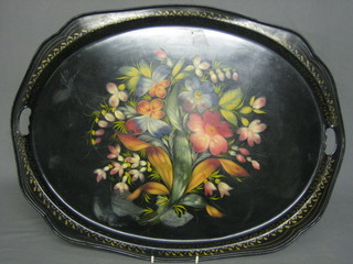 A Japanned metal tray painted flowers 23"