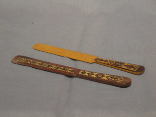 2 19th Century letter openers with Tunbridge ware handles 8" (1 with nick to blade, 1f)
