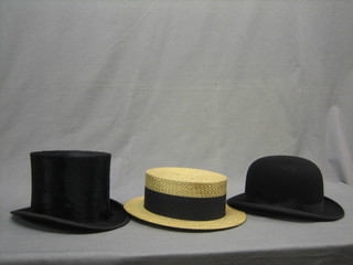 A gentleman's light weight bowler hat, a shower proof boater and a top hat