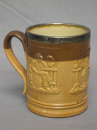 A Doulton stoneware tankard with silver rim, the body decorated seated gentleman and incised 40, the base marked Doulton