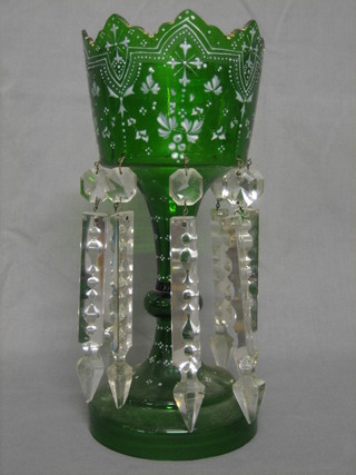 A 19th Century green overlay glass lustre with cut glass lozenges 12"