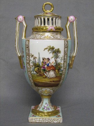 A late Dresden twin handled urn and cover with pierced lid, the body with panel decoration depicting Romantic Scenes, 12"