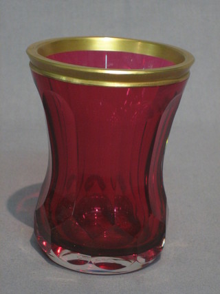 A Bohemian red etched glass tankard with faceted decoration the base signed MP within a heart 4 1/2"