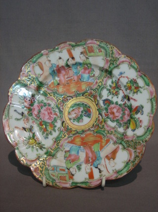 2 Canton famille rose porcelain plates with panel decoration depicting court scenes 8 1/2" and 1 other 8" (some chips to rim)