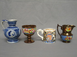 A George VI Dame Laura Knight pottery Coronation tankard with original certificate,  a 19th Century lustre jug 4", ditto chalice 4" and a German salt glazed vase 5"