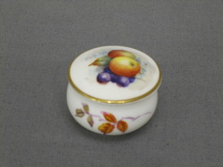 A Victorian miniature circular Royal Worcester jar and cover painted apples and grapes, the base with purple Worcester mark 8 dots, 1"