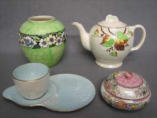 A Rinctings Malingware pottery teapot, a green glazed ginger jar 6" (no cover), a circular Malingware Peony rose pattern jar and cover 4" and a Malingware turquoise lustre cup and saucer