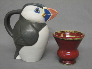 A John O'Groats pottery jug in the form of a Kingfisher 8" together with a Crabtree & Evelyn thistle shaped red glazed vase 4"