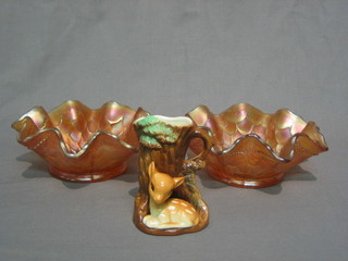 A Hornsea pottery jug decorated a deer by a tree stump 3 1/2" and 2 orange Carnival glass dishes 6"