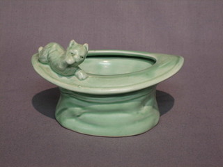 A green glazed Sylvac vase in the form of a top hat and seated cat, the case impressed 165 Sylvac England 5"