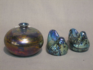 A pair of Isle of Wight glass ornaments in the form of chicks 2", and an Art Pottery lustre vase, the base with stylised signature 5"