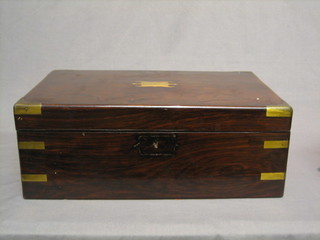 A Victorian rosewood and brass banded writing slope with hinged lid, 16"