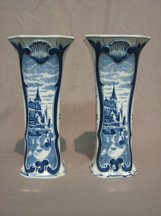 A pair of 20th Century waisted square Delft vases, bases marked Delft DEC 501A (1 with chip to base) 10"