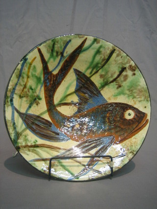 An Art Pottery bowl decorated a diving fish 13 1/2" signed