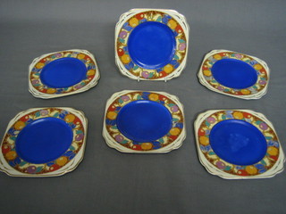 6 Art Deco Empire ware pottery sandwich plates with blue ground and floral banding 6"