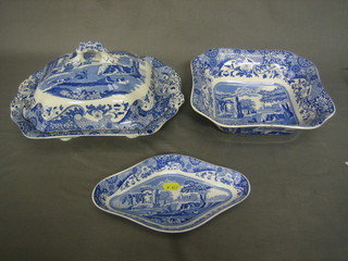 A Spode Italian blue and white tureen and cover 12", a square dish 9" and an oval dish 9"