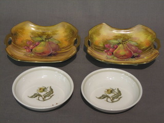 2 Susie Cooper sun flower pattern pin trays , the reverse marked C2002 4" and   a Susie Cooper Sunflower pattern plate,  2 Royal Minton twin handled bon bon dishes decorated fruit 6"
