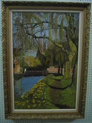 John E Ostell, oil on canvas "St Mary The Virgin Horsham from The River?" 29" x 19" signed and dated 1977