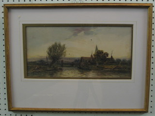 J Wroughton, 19th Century watercolour "Early Morning Rural Scene with Bridge, Church, River and Figures" 7" x 13"