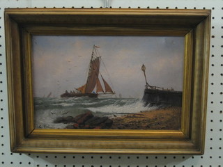 C R N Lloyd? oil on canvas "Seascape with Fishing Boat in Heavy Sea" 8" x 12"