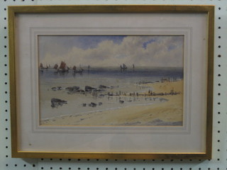 W J Bordy, watercolour "Margate Beach Scene with Boats" 7" x 11", the reverse with Laurence Oxley Gallery label