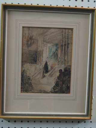 20th Century watercolour "Figures Walking Upstairs to Portico of House" 7" x 6", the reverse marked Cedric Beardmore September 10th 1928