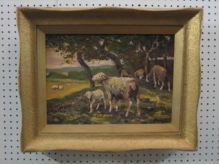 Impressionist oil painting on canvas "Sheep in Downland Scene" 10" x 14" indistinctly signed