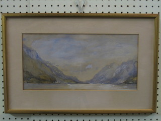19th Century watercolour "Mountain Scene with Lake and Village" 6" x 13"