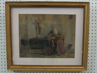 19th Century watercolour drawing "Interior Scene with Seated Monk Reading" 10" x 12"