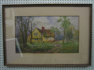 Reginald Jones, 1930's watercolour "Country Cottage and Garden with Chickens" 11" x 19"