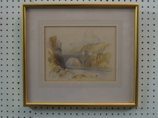 19th Century watercolour drawing "Continental River with Bridge and Mountains in Distance" 7" x 8 1/2", the reverse with Laurence Oxley Gallery label