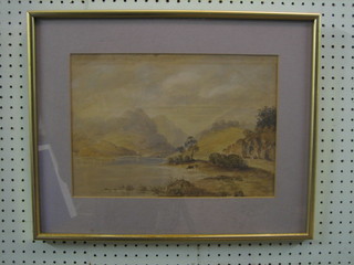 19th Century watercolour "Cattle Watering at a Mountain Lake"  10" x 14"