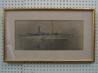 An early black and white photograph of a steam yacht 7" x  15", the reverse with black and white photograph of boat drill