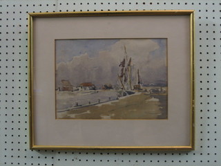 19th Century watercolour drawing "Quay with Boats" 8" x 11" the reverse with Laurence Oxley Gallery label